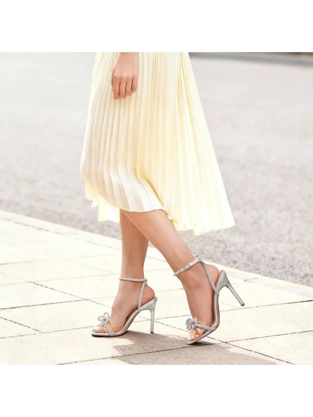 Women's Silver Double Bowknots Crystal Clear Slingback Square Toe Wedding Heels